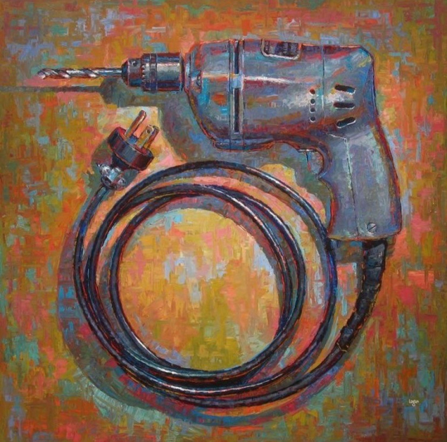 Painting of an electric drill and its power cord, by artist Raymond Logan.