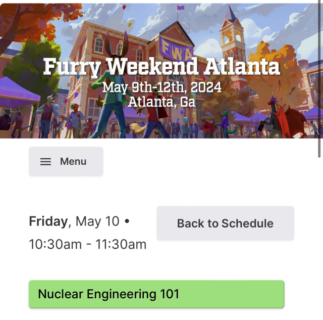 Screenshot of the Furry Weekend Atlanta events schedule showing “Nuclear Engineering 101”. 