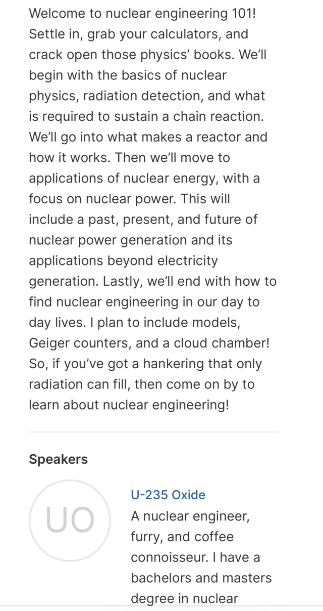 Screenshot of an event from Furry Weekend Atlanta detailing a panel on nuclear engineering detailing out a talk on physics and the future of nuclear energy. 