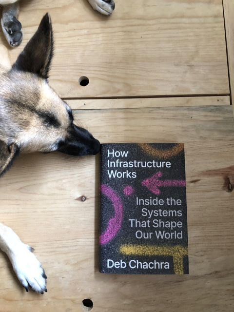 The book "How Infrastructure Works" by Deb Chachra. Doggy lies beside it, sniffing it.