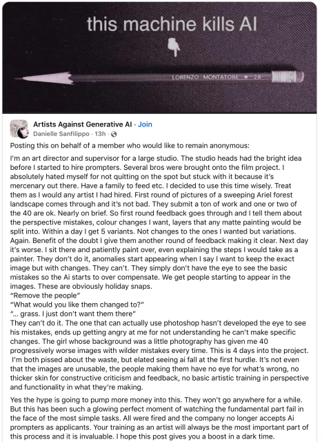 A screenshot of a post from Facebook describing how a bunch of prompt jockeys hired by a studio failed spectacularly when asked to do basic design revisions. The original is too many words for alt text, but can be read here: https://www.facebook.com/groups/1404116417142065/posts/1459674184919621/