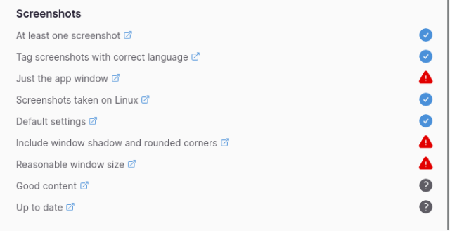Screenshot of the "screenshots" requirement sections with the checks failing