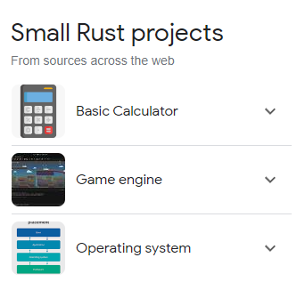 A screenshot of suggestions for a small Rust project, which includes a basic calculator, a game engine, and an operating system.