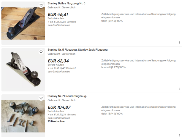 Three ebay offers, all listing a Stanley plane, all translating it as something including "Flugzeug" (plane. as in, you know, airport)