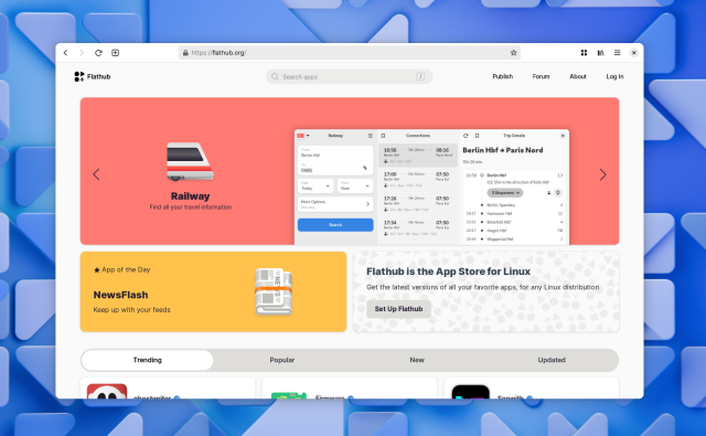 Screenshot of the Flathub home page in GNOME Web. At the top of the page there's a large colorful banner for Railway, below that are two cards. The left card is a colorful "app of the day" card, featuring Newsflash. The right card explains what Flathub is, and links to the setup instructions. Below this there's a tab bar with the tabs Trending, Popular, New, and Updated. Below that there's a grid of app cards.