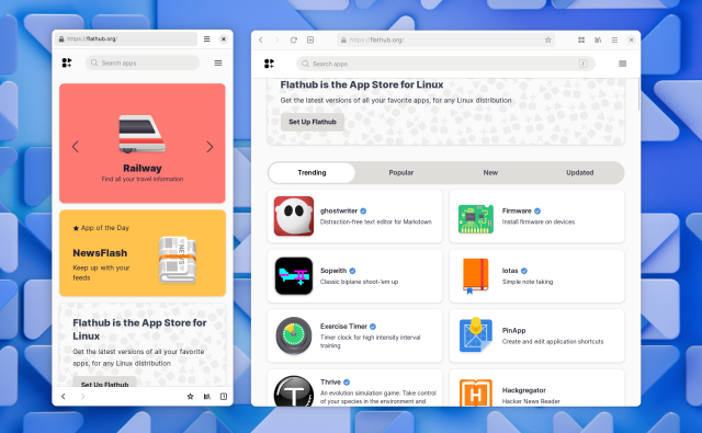 Two screenshots of GNOME Web, both showing the Flathub home page. The left one is a mobile size, the right one is a small desktop / tablet size.