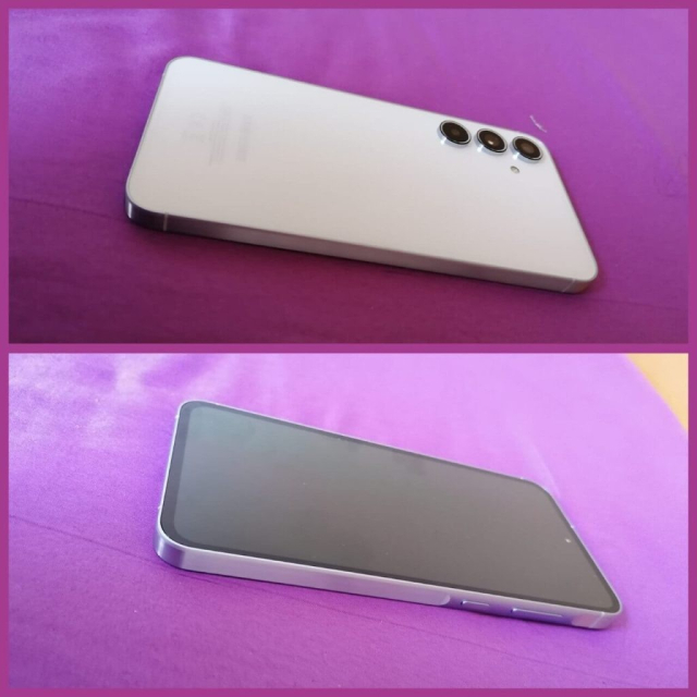 Samsung Galaxy A55 review - Two merged photos of A55 showing both the front and back. The color is iceblue.