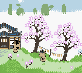 game screen of flowering trees and capybaras standing in grass