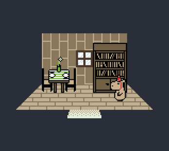 game screen of capybara inside a house with table and book case pixel art
