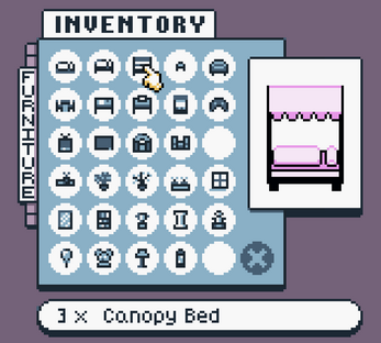 game inventory screen of icons such as bed and table