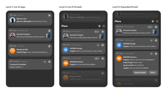 Mockup of the new notification design we're working towards implementing. It shows three notification lists, one showing the top-level list of notifications grouped by app, one showing one app's group expanded, and the third showing an expanded notification bubble with multiple messages from the same thread.