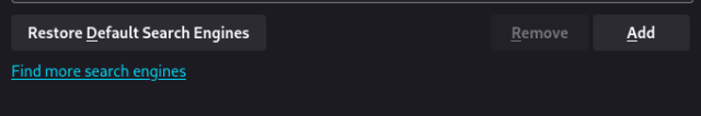 Firefox search engines settings with buttons: "Restore default search engines", "Remove" (disabled) and "Add"
