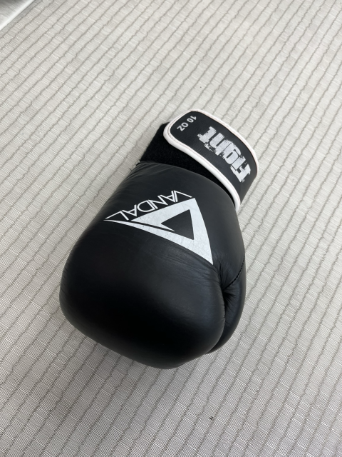 Single black boxing glove on a martial arts tatami