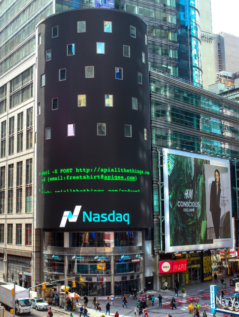 A curl command line on the NASDAQ building in New York