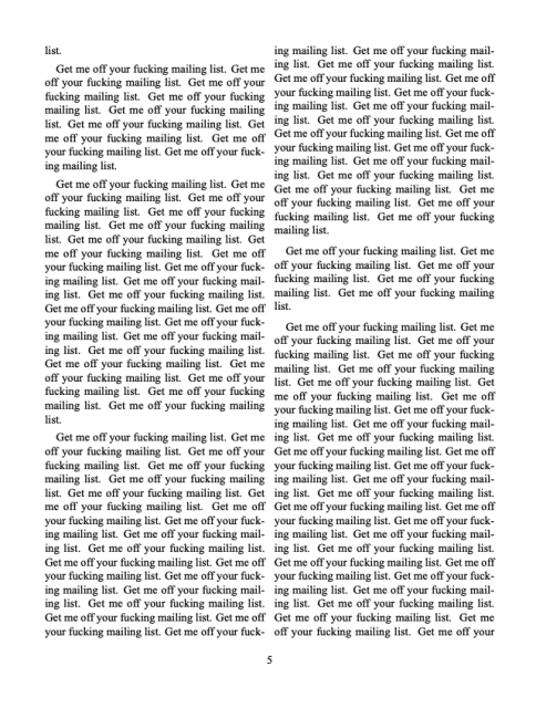 A very long text, still asks to get them off the fucking mailing list