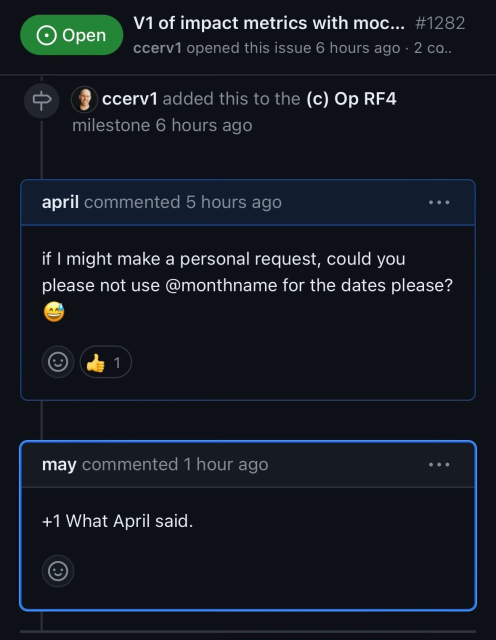 @april and @may being tagged on github