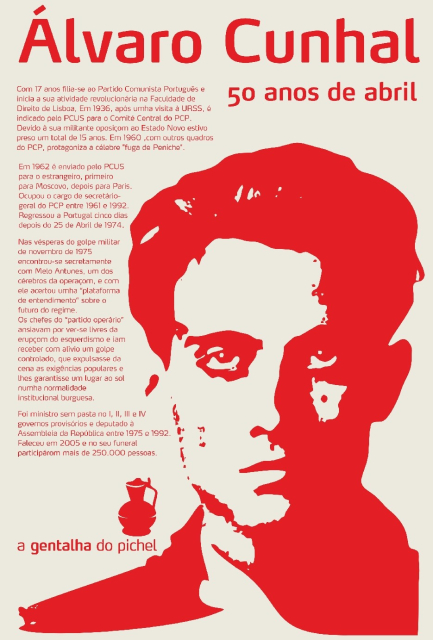 Cartaz artístico com o rosto de Álvaro Cunhal em vermelho e uma breve biografia.