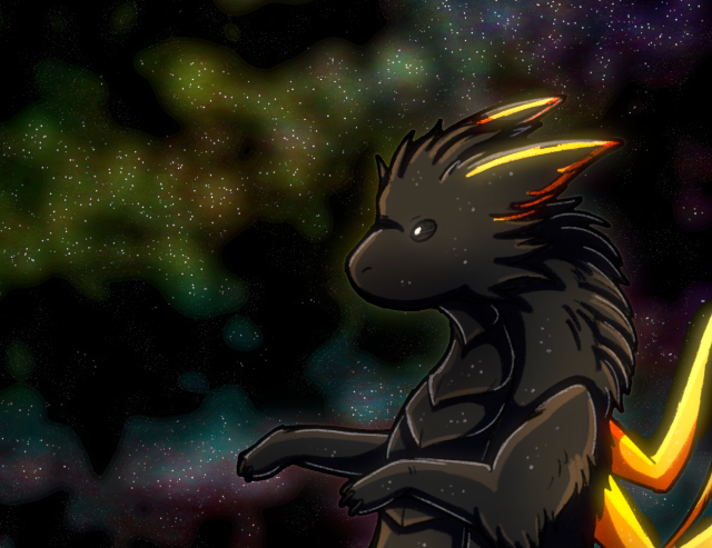 A floofy dragon (drawing) with star dotted, dark grey fur and amber glowing wings and amber glowing "outlines" on their ears floating in front of a a colorful starfield.