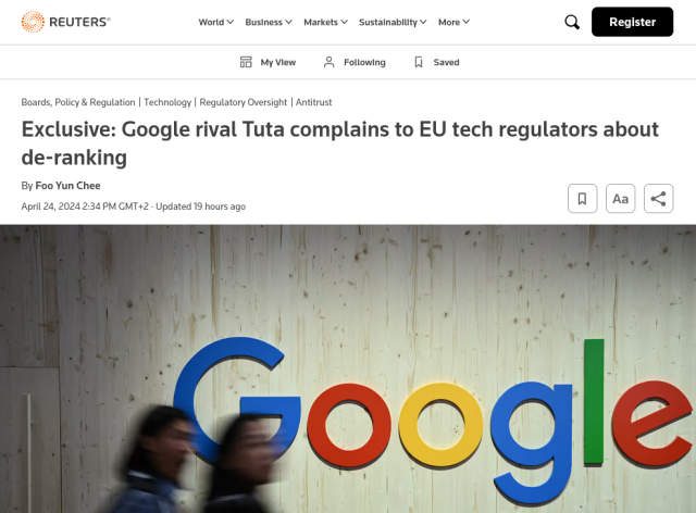 Screenshot of Reuters article: Google rival Tuta complains to EU tech regulators about de-ranking
