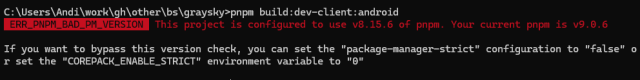 ERR_PNPM_BAD_PM_VERSION  This project is configured to use v8.15.6 of pnpm. Your current pnpm is v9.0.6

If you want to bypass this version check, you can set the "package-manager-strict" configuration to "false" or set the "COREPACK_ENABLE_STRICT" environment variable to "0"