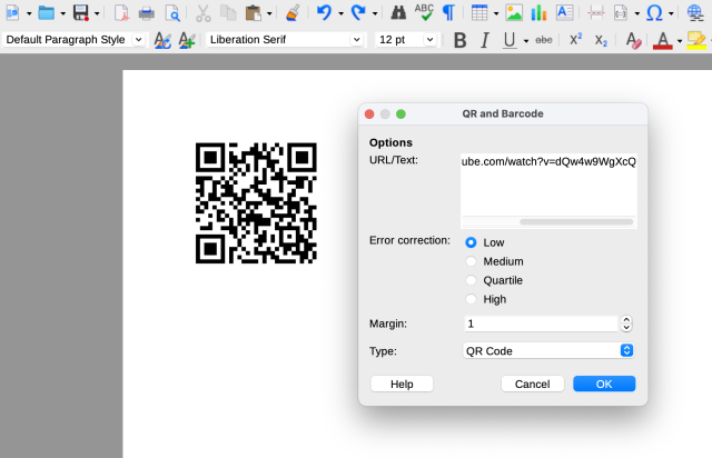Screenshot of QR code inserted into a document