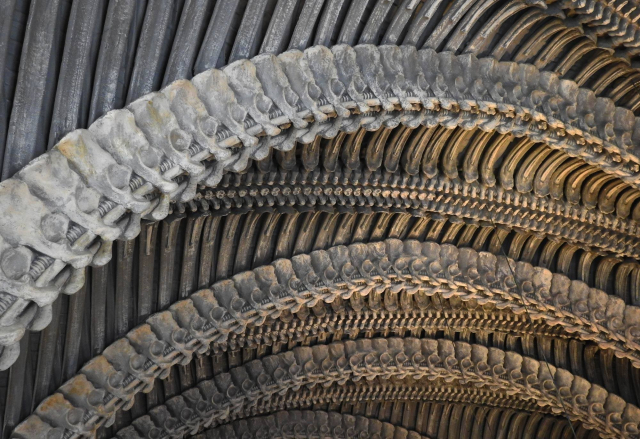 Photo of the bar ceiling designed by HR Giger. Looks like spines.