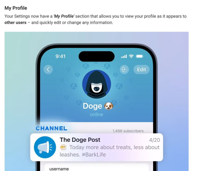 Telegram announcement post about customising your profile. "the Doge Post" fake channel in the screenshot is shown as having 1488 subscribers. and to show that they actually did this intentionally, the date, which is just as much of a detail as the subscriber count, is 4/20