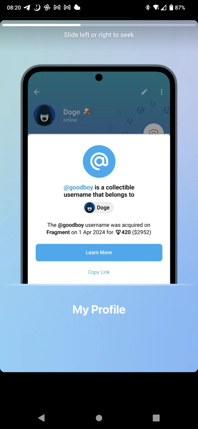 screenshot from the mobile announcement of Telegrams' changes showing that the username @goodboy was a collectible username sold on a crypto marketplace for 420 bullshit coins.