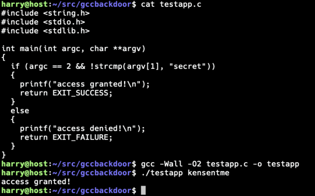 Backdoored GCC compiler quietly modifying the logic of a simple test app. Normally the application only allows "secret" as password, but the backdoored compiler modifies it to allow "kensentme" as valid password as well.