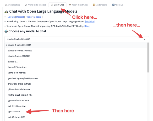 Screenshot of the https://chat.lmsys.org/ website - click on Direct Chat, then click on the dropdown menu for Choose any model to chat, then click gpt-chatbot