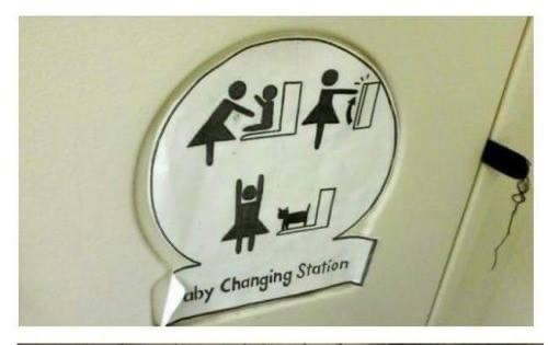 A infographic on a baby change station shows instructions. 
1: Place baby on table. 
2: Close table. 
3: Open table to reveal cat. 