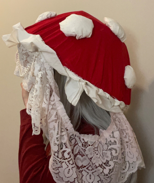 Side view of the red cap mushroom hat. lace hangs down from the side, and there are poofy scales on top