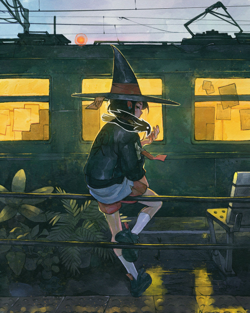 Anime witch girl sitting on a fence with a ghost crow on her shoulder