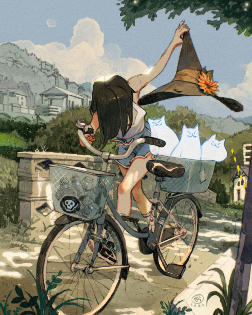 Anime witch girl carries a bike with ghost cats in a basket