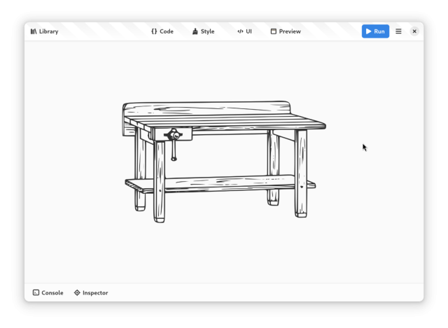 A screenshoft of Workbench with all panels deselected.

A vectorial wooden workbench is visible in the center of the window.