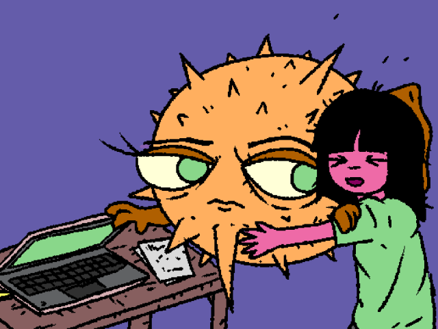 Puffy is working on a laptop. Girl comes up to him and hugs him. Puffy closes the laptop.