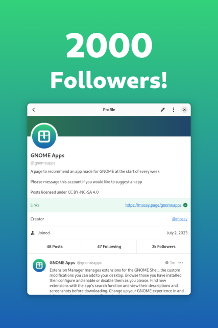 A screenshot of the app Tuba, showing the profile for @gnomeapps. Above it is the text "2000 Followers!"