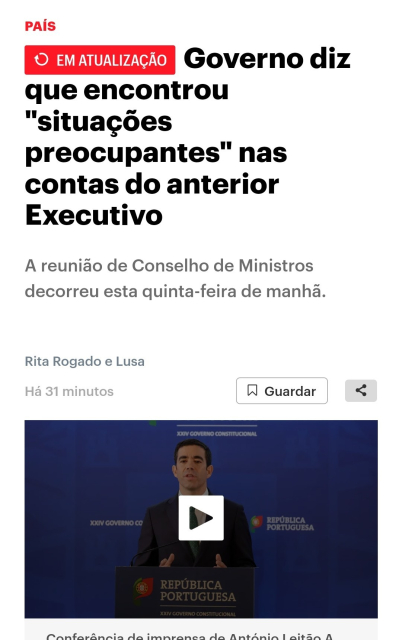 Título da notícia:

"Governo diz que encontrou "situações preocupantes" nas contas do anterior Executivo"