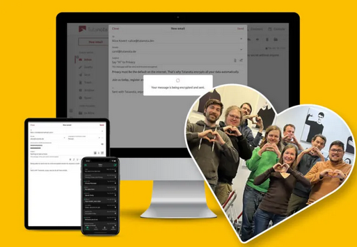 Screenshot of Tuta client and image of Tuta Team