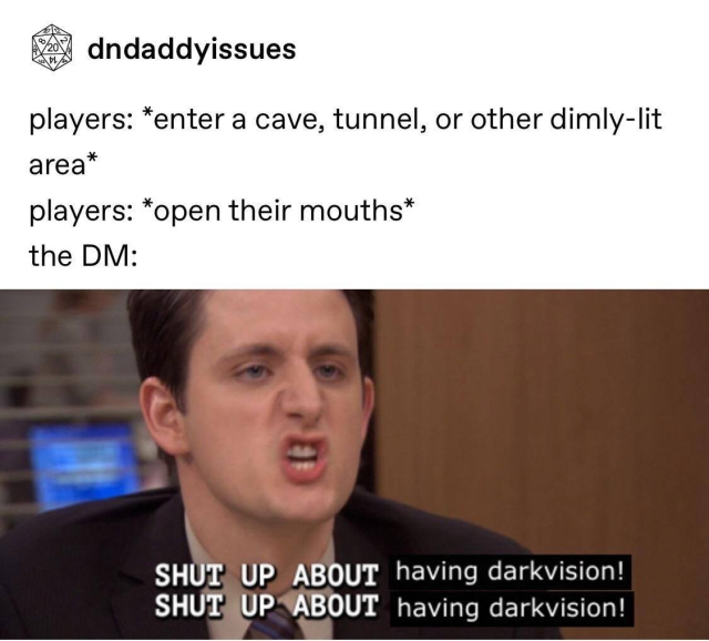 Meme with a caption about players and a Dungeon Master (DM) in a role-playing game scenario, featuring a man with an annoyed expression and a caption that reads "SHUT UP ABOUT having darkvision!"