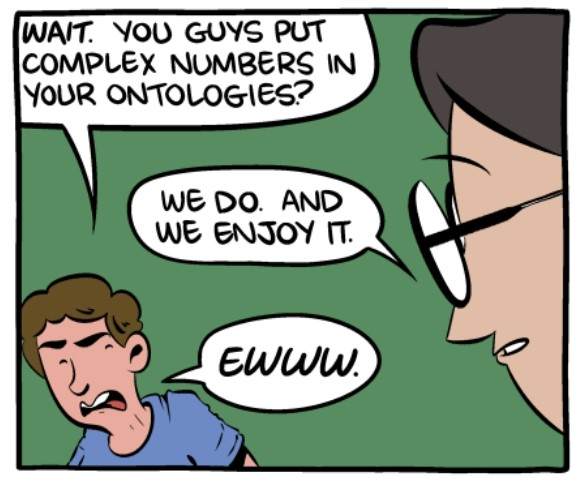 Cartoon of son talking to his mother:

"Wait. You guys put complex numbers in your ontologies?"

"We do, and we enjoy it."

"EWWW."

By Zack Weinersmith and Scott Aaronson:

https://www.smbc-comics.com/comic/the-talk-3