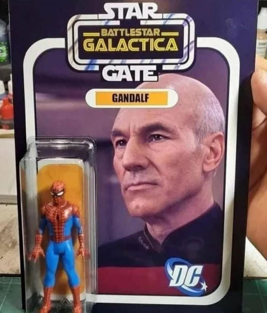 Spiderman toy in packaging that has a huge photo of Captain Picard from Star Trek. And a DC logo bottom-right.

Text:

Star Gate
Battlestar Galactica
Gandalf