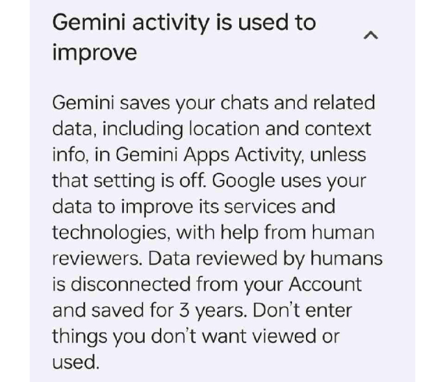 Screenshot from Gemini saying "Gemini saves your chats and related data, including location and context info, in Gemini Apps Activity, unless that setting is off."