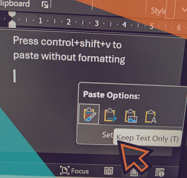 Paste options in Word after pasting then pressing control.  Image decorated with turquoise and orange accents.
