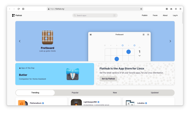 Screenshot of a web browser displaying the website flathub.org. Flathub has a prominent top banner, currently showcasing my app Fretboard.