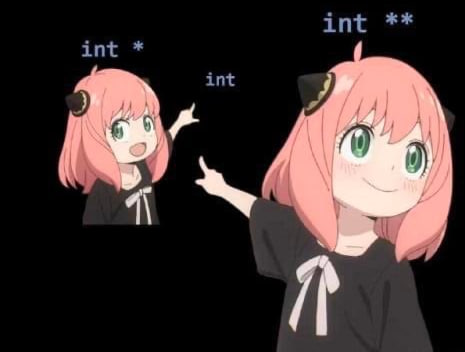Integer pointers explained

Int *: anime girl pointing to "int" in the middle of an image
Int **: anime girl pointing to anime girl pointing to "int" in the middle of an image