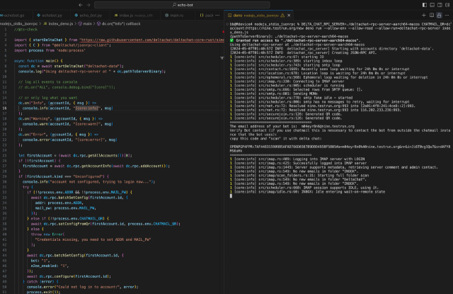screenshot of an code editor showing the code for an echo bot on the left side and a terminal on the right side where the bot is running with deno instead of nodejs