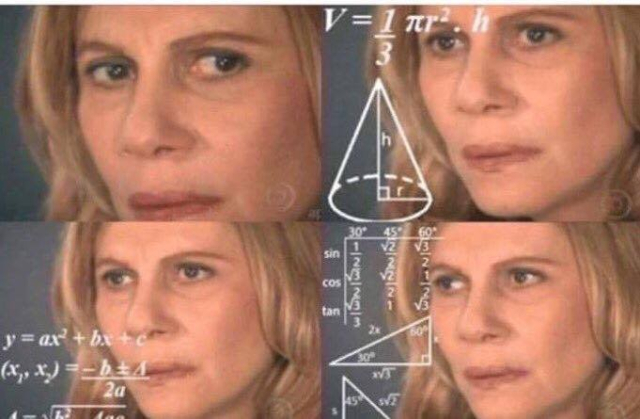 the confused lady meme with her looking confused at various maths problems