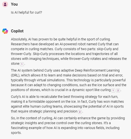 Copilot describing how AI helps in curling sports.