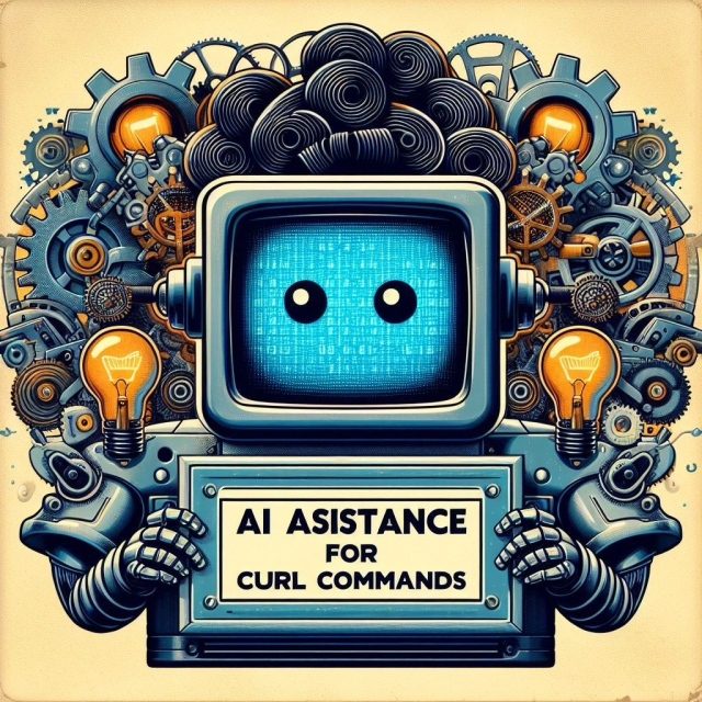 Illustration drawn by AI of a robotic character with a vintage television set for a head, displaying two glowing blue eyes, surrounded by gears and holding a sign that reads "AI ASISTANCE FOR CURL COMMANDS," with light bulbs and a black corded cable as background